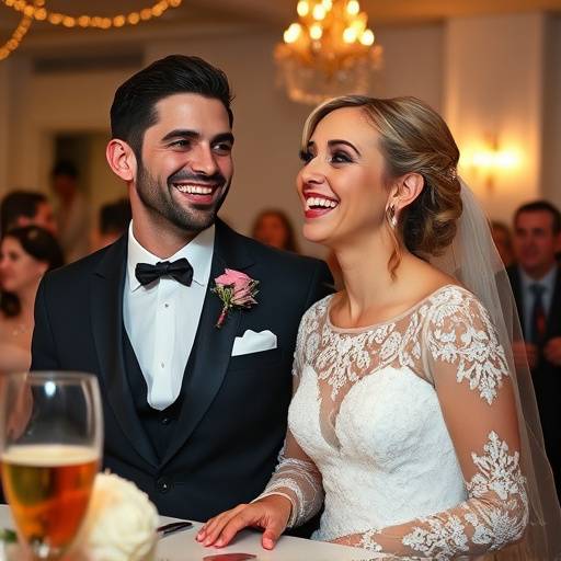 Candid shot of a bride and groom laughing during their wedding reception.