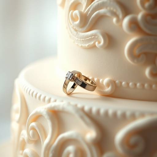 Close-up shot of wedding rings on a beautifully decorated wedding cake, symbolizing the commitment and sweetness of the union.