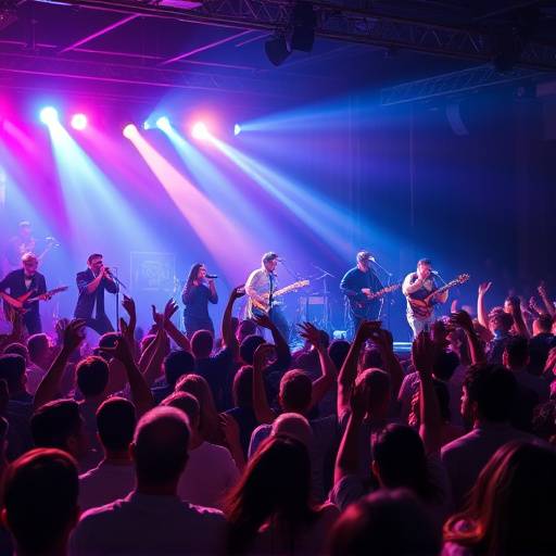 Dynamic shot of a live musical performance, capturing the energy and passion of the band and the enthusiastic crowd.