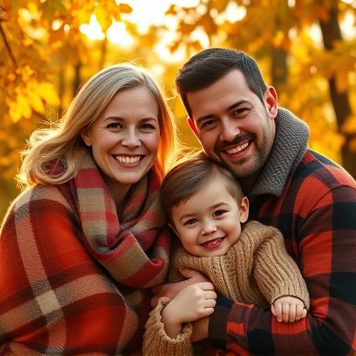 Heartwarming family portrait taken during autumn, featuring vibrant fall foliage and genuine smiles.