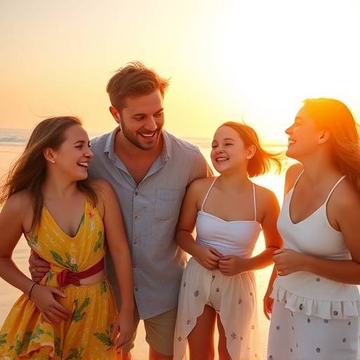 Playful family photoshoot at a sunny beach, capturing candid moments of laughter and connection between children and parents.